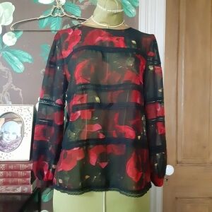 PJK Patterson J. Kincaid Sheer Floral Blouse XS | Lace Detail Romantic Top